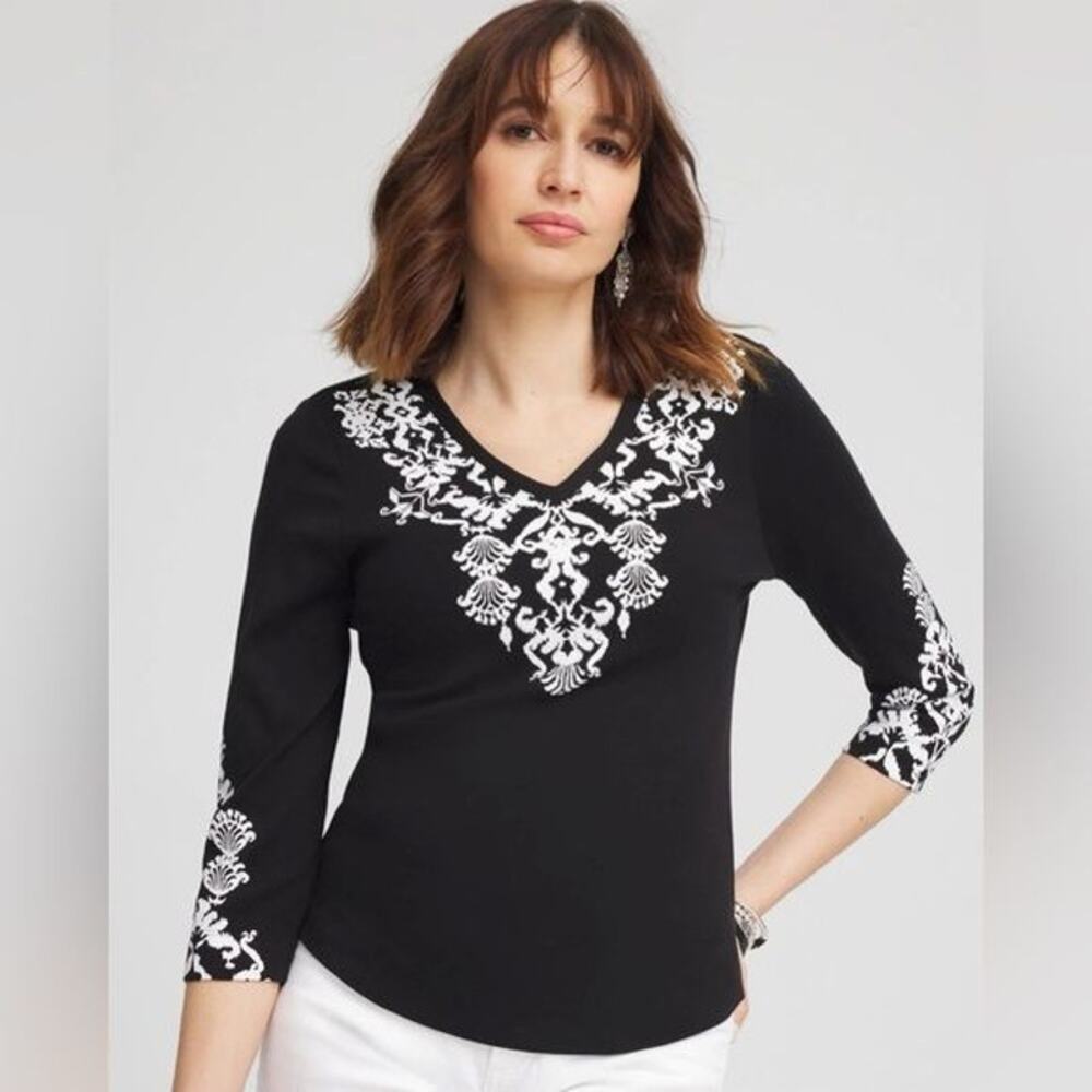 Chico's Ikat Pima 3/4 Sleeve Everyday Tee Size 2 L Black And White Scroll Print